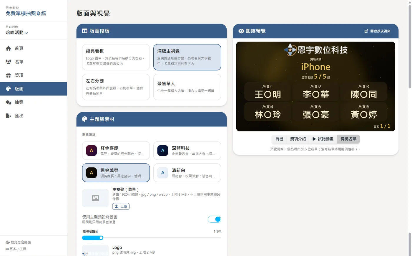 抽獎系統 - 控制台的「版面與視覺」頁：左側選擇版面模板（經典看板、滿版主視覺、左右分割、聚焦單人）與主題色（紅金喜慶、深藍科技、黑金尊榮、清新白），可上傳主視覺與 Logo；右側即時預覽投放畫面並可試跑動畫
