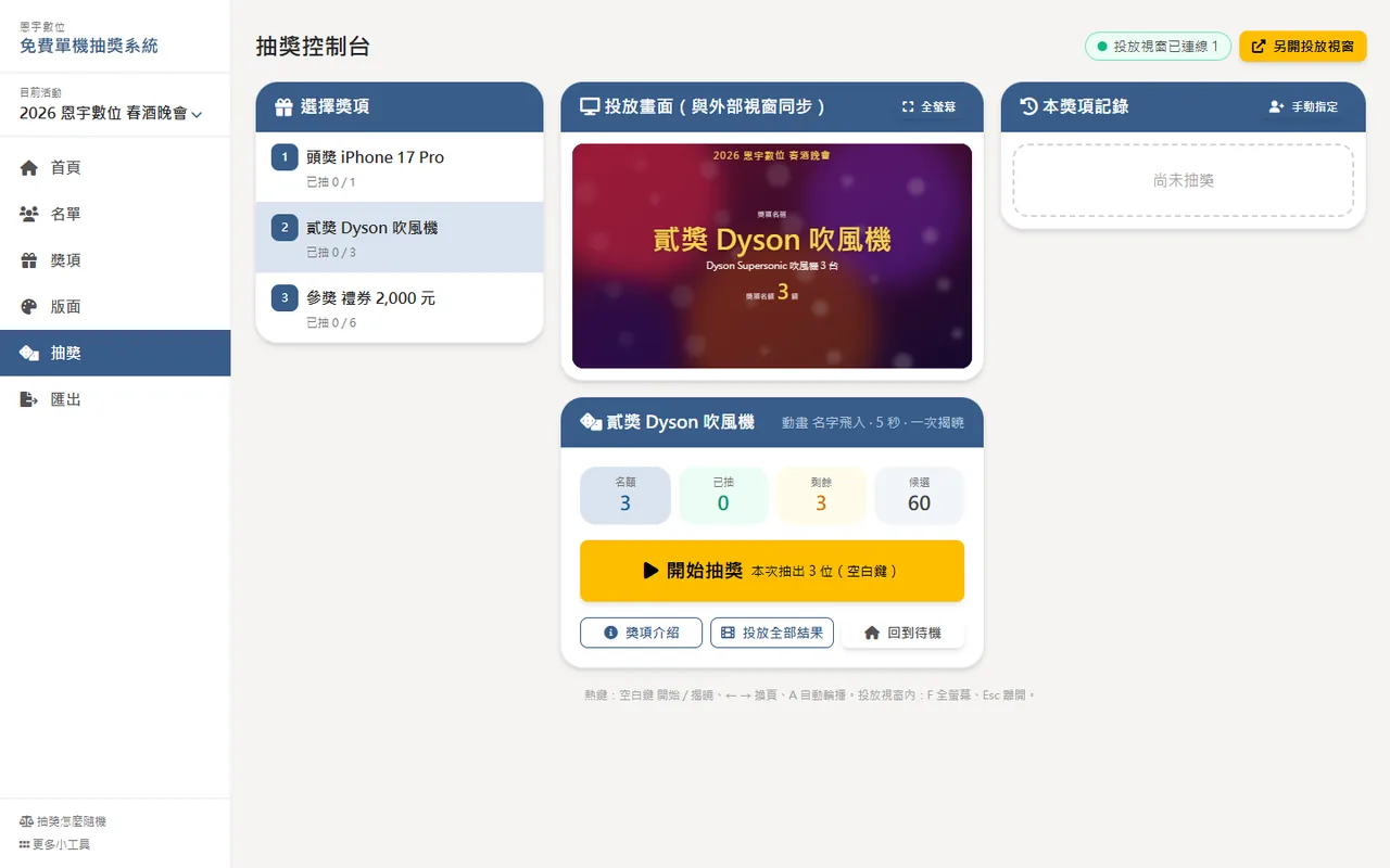 控制台：選擇獎項後的名額統計與按鈕